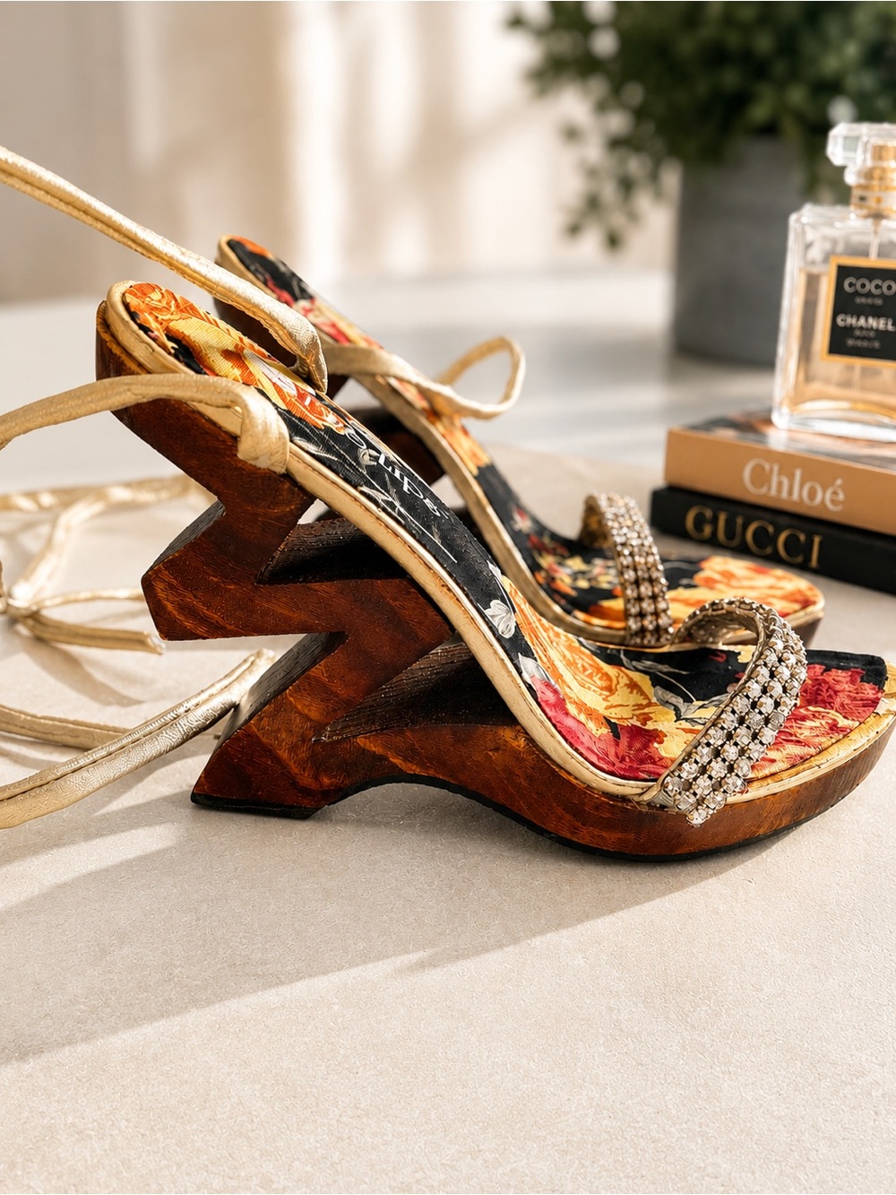 Two Lips Gold Strappy Floral Wedge Heels with Rhinestone Toe